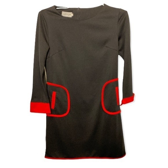 Vintage Mod Mini Dress Black Pockets Color Block Scoop Neck red piping size L - Picture 8 of 17